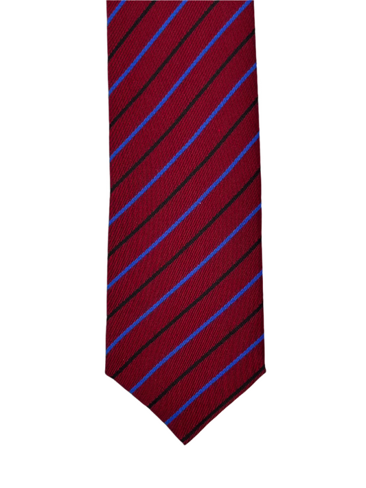Slim Red Clip-On Tie with Diagonal Blue & Black Stripes - 6 cm